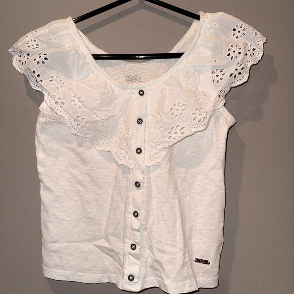 Justice White Eyelet Lace Ruffle Top Girls Size 10 Boho Cottagecore
